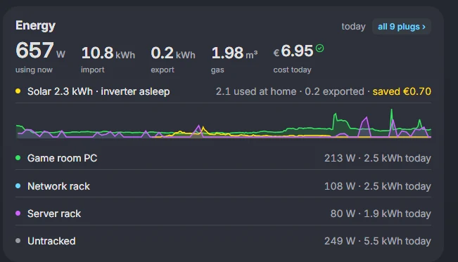 Energiekaart in Home Assistant met huidig verbruik, import, export, gas, kosten van vandaag, zonnestroom en het verbruik per slimme stekker.